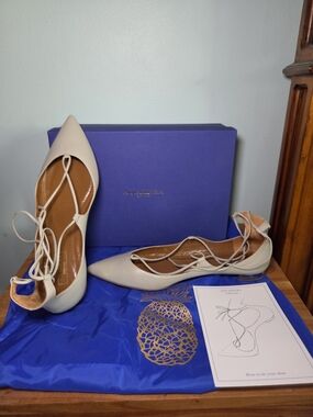 Aquazzura Cream Lace-Up Pointed Ballet Flats